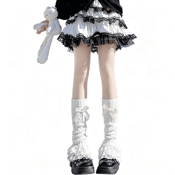 OQRKI Women'S 1 Pair Y2K Bow Front Lace Trim Leg Warmers,Ribbed Knit,Over Knee,Pile Leg Warmers,Long Socks White Leg Warmers