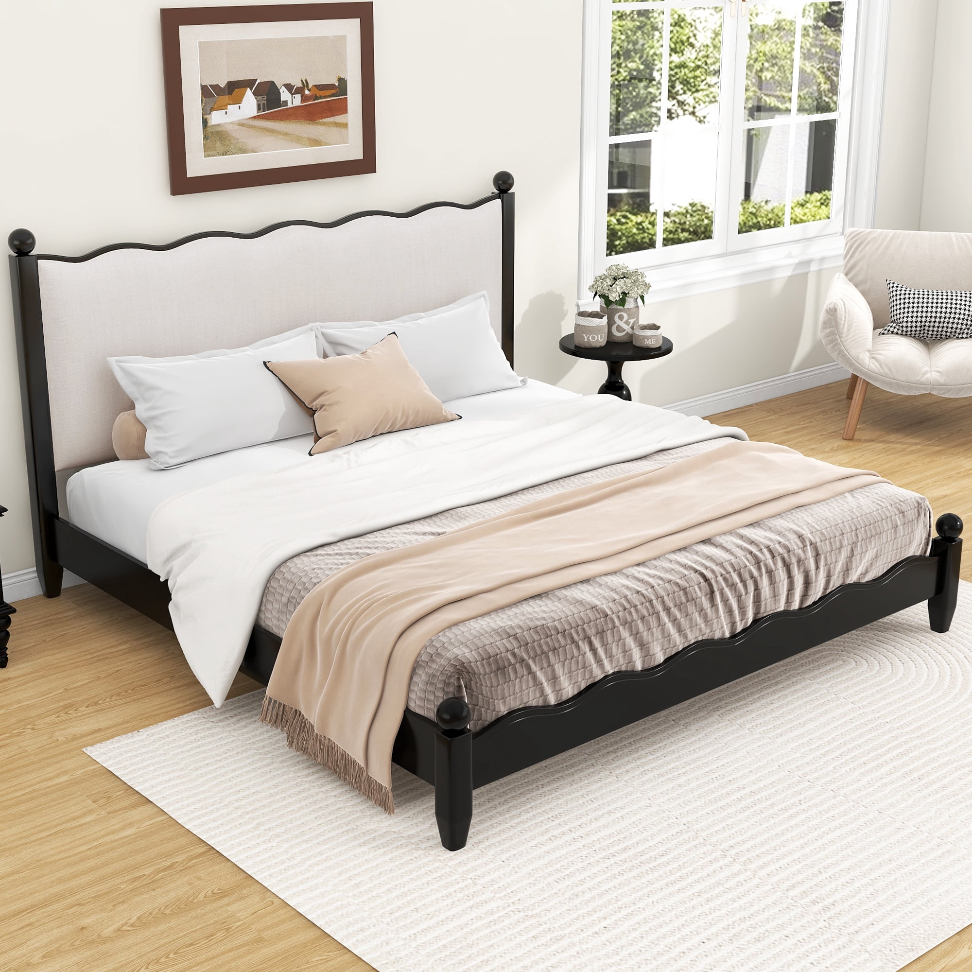 Euroco Wood King Size Wood Platform Bed with Upholstery Headboard, Black
