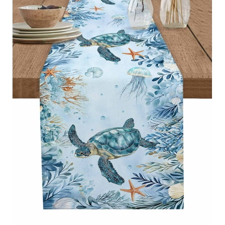 

Table Runner Sea Turtle Coastal Eucalyptus Leaf Jellyfish Blue Marine Life Table Runners Dresser Scarves Holiday Kitchen Dining Table Decoration for Home Party Indoor 13x120 Inch