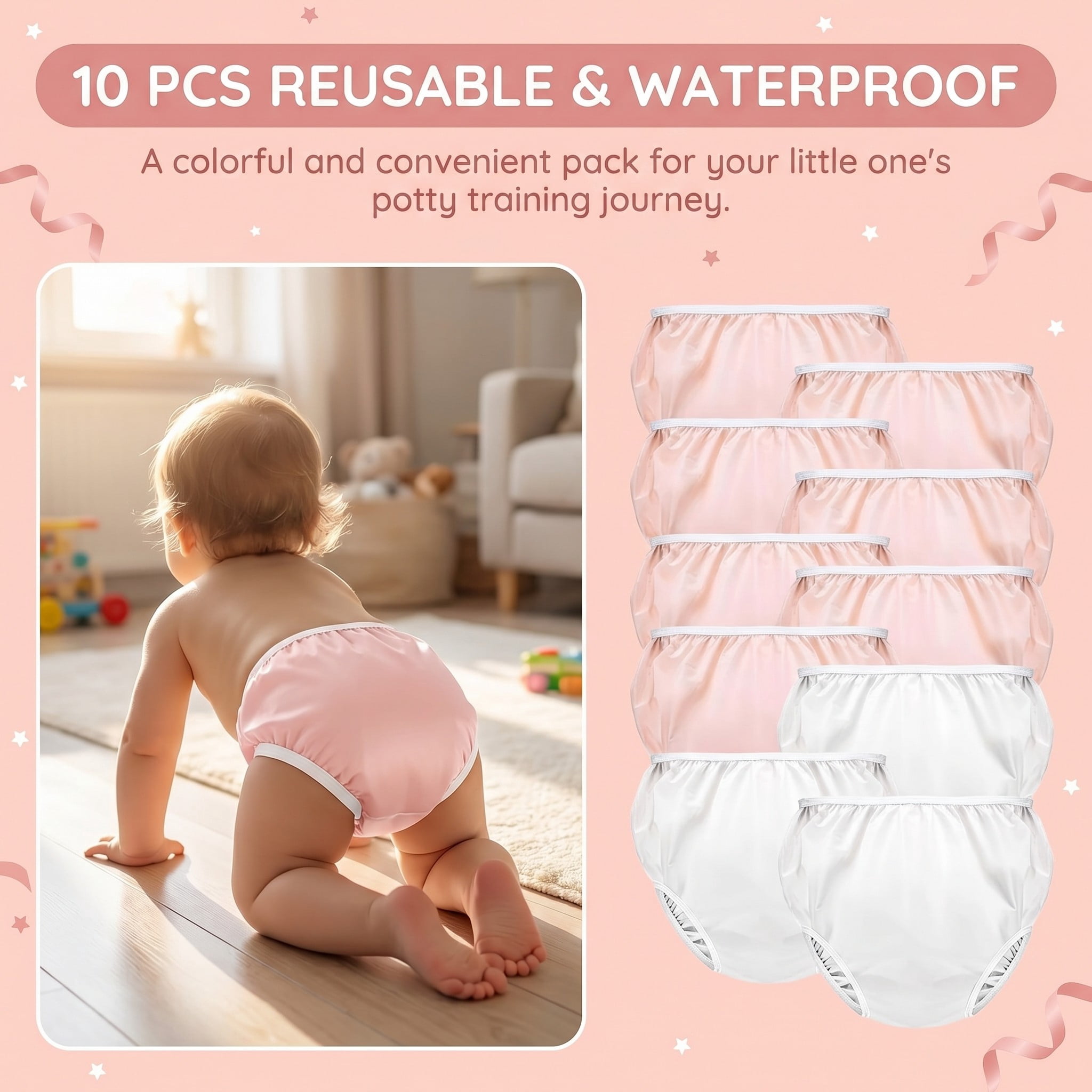 BlinkLLX 10 Pairs Waterproof Plastic Pants for Toddlers Reusable Plastic Diaper Covers Potty Training Underwear Pants(M)