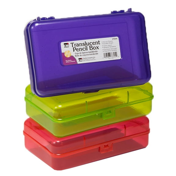 Charles Leonard Pencil Box School Storage Box 8-1/4"W x 5-1/4"D x 2-1/2"H Translucent Assorted Colors, Pack of 3