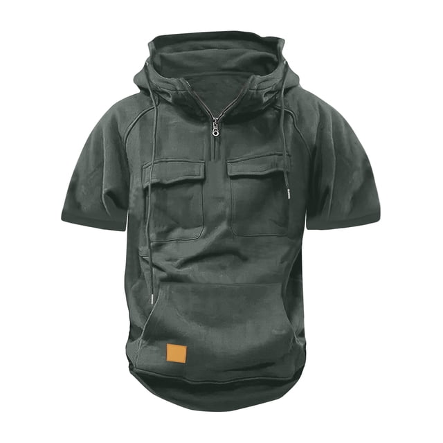 Men Solid Multi-pocket Short Sleeve Cargo Pullover Hoodies Workout Outdoor Sweatshirt(Dark Gray,L)