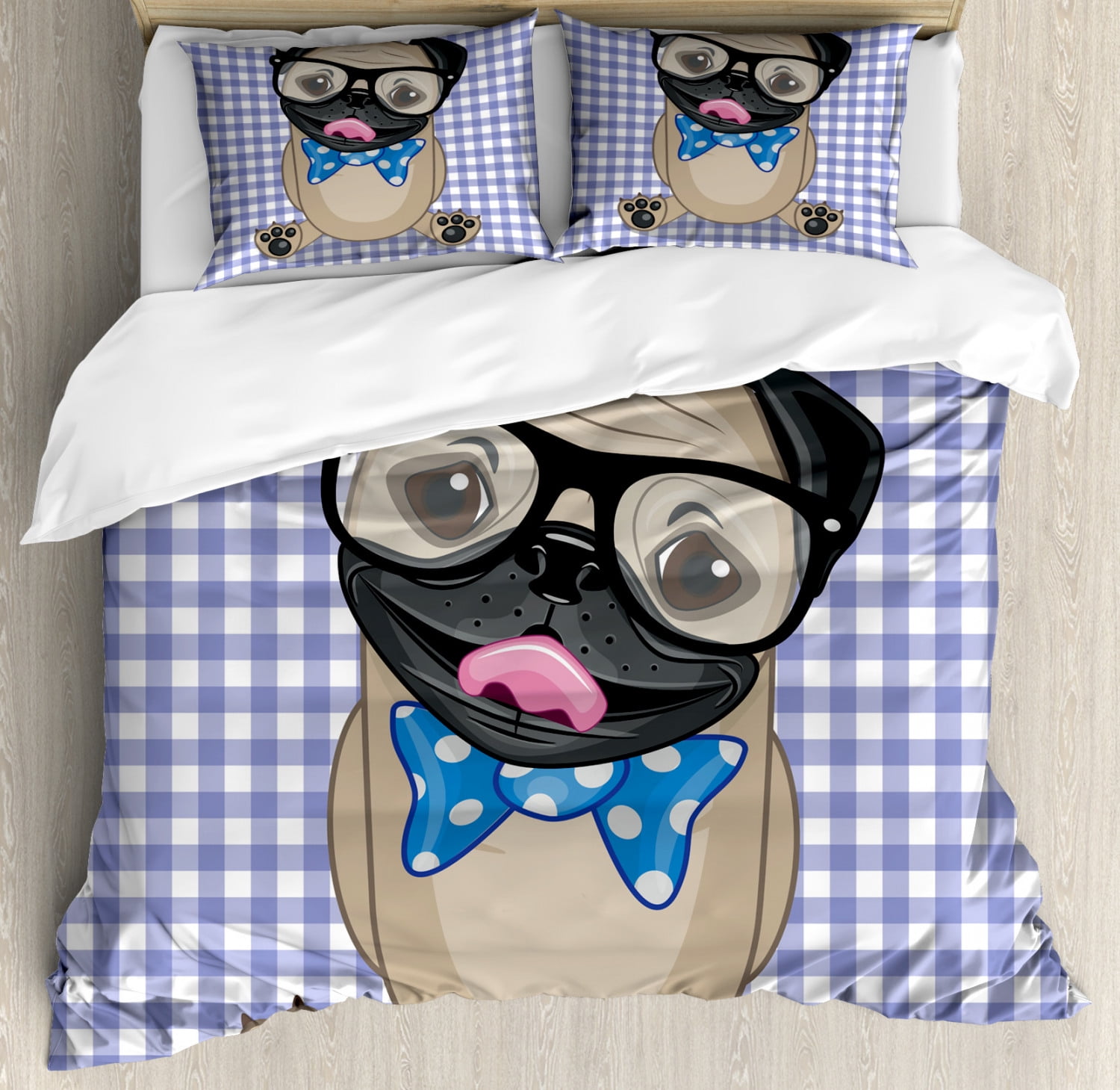 Pug Duvet Cover Set, Nerdy Glasses and Dotted Bow Tie on a Puppy Pug