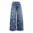 thumbnail image 4 of HongQid Women's Floral Embroidered Wide Leg Jeans High Waisted Ruffled Hem Denim Pants with Pockets, 4 of 7
