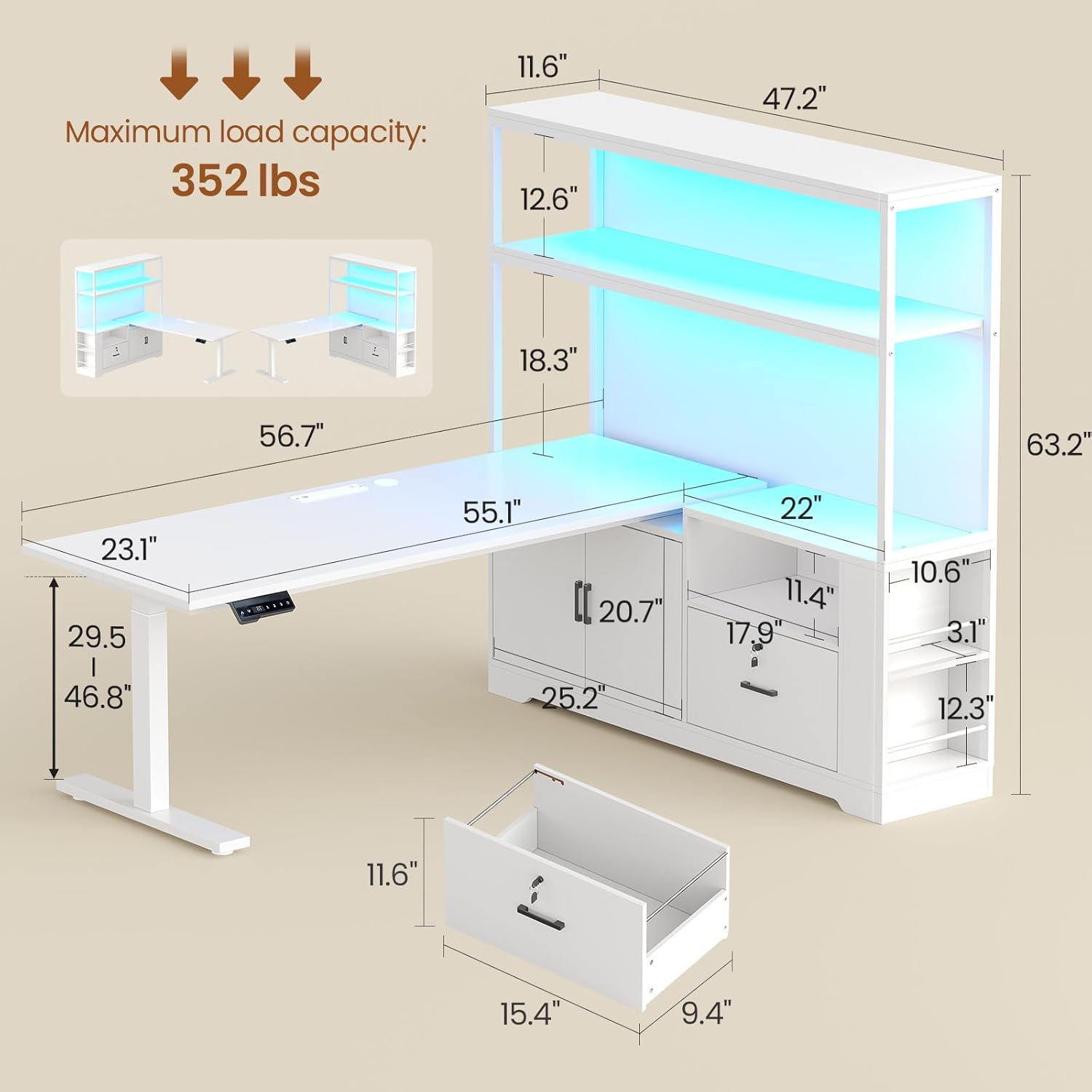 SEDETA 29.5"~48.6"H L Shaped Standing Desk with Storage, Electric Adjustable Height Home Office Desk, Large PC Workstation with Power Outlet, Corner Computer Desk with 23.1"D Spacious Desktop, White