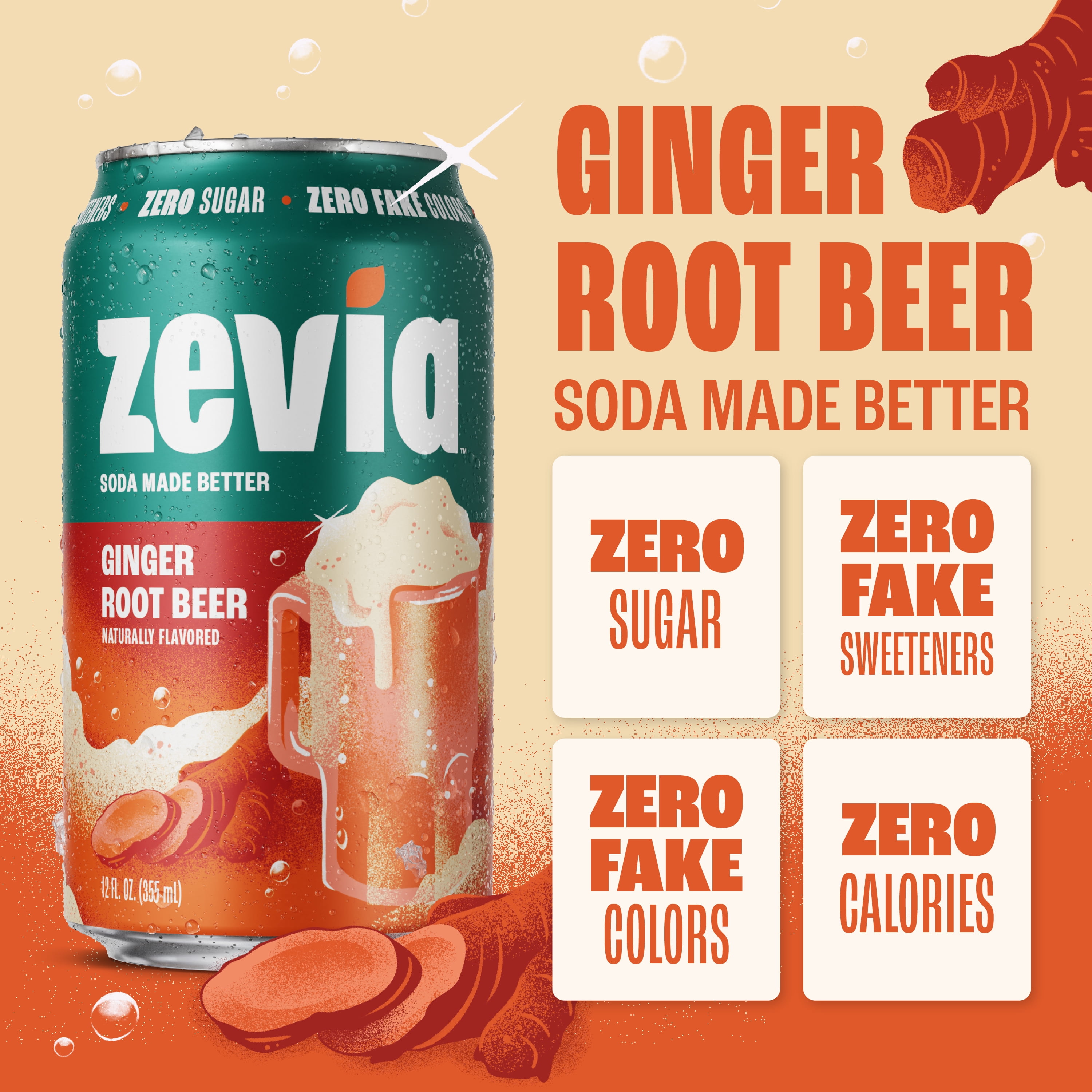 Zevia Zero Sugar, 0 Calorie Ginger Root Beer Soda Pop, 12 fl oz, 24 Pack of Cans