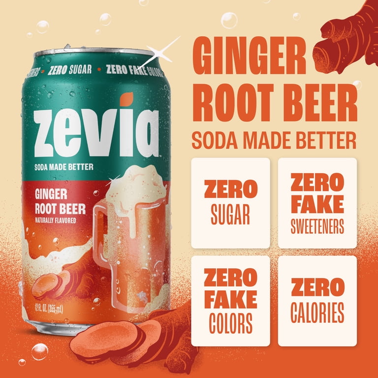 Zevia, Zero Calorie Ginger Root Beer Soda, 12 fl oz, 8 Pack Cans