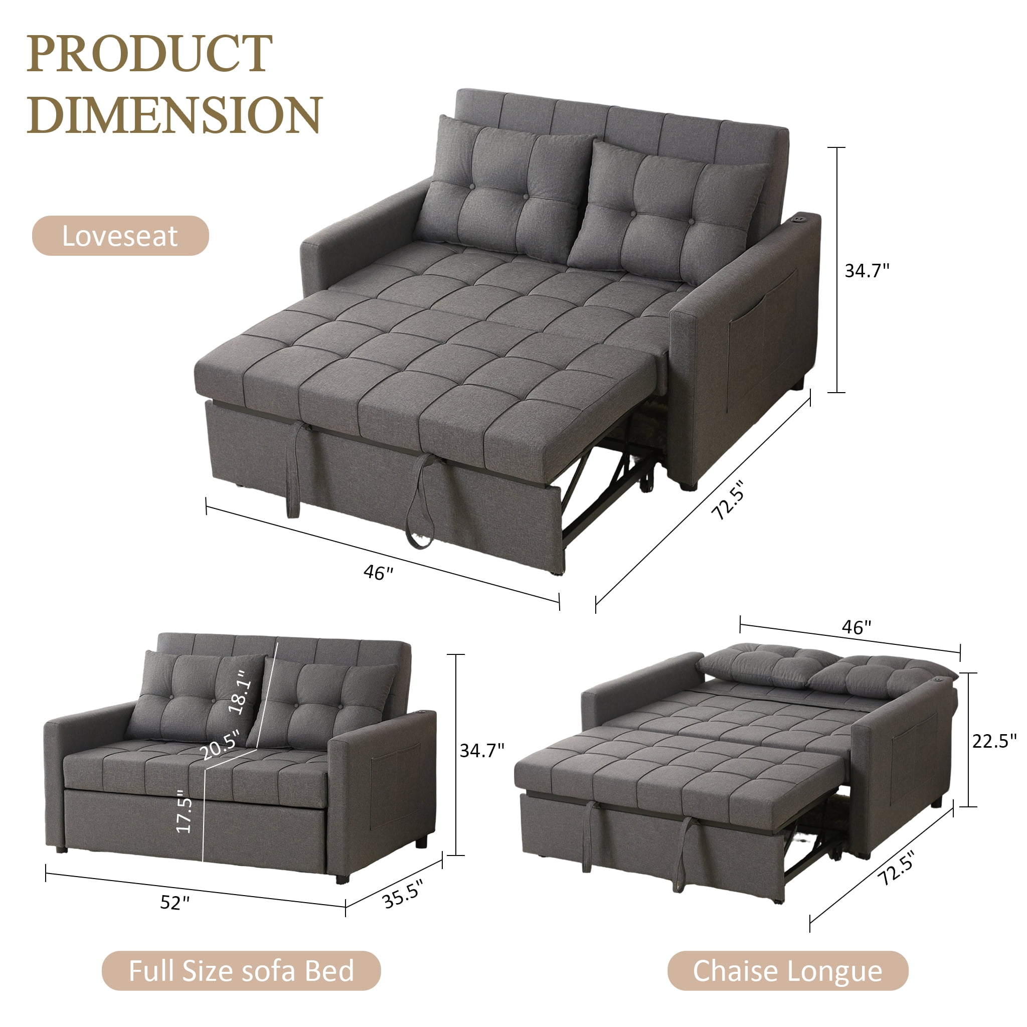 LAKPS 52" Linen 3-in-1 Convertible Sleeper Sofa with Pull-Out Bed, Stepless Adjustable Backrest & Side Pocket - for Family, Living Room, Dorm, Apartment, Linen, Dark Grey