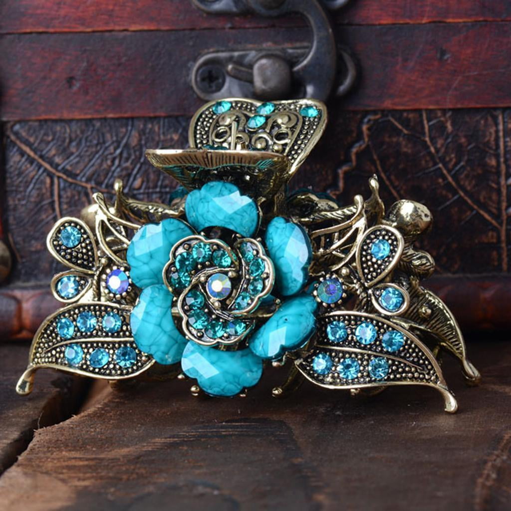 FVDPWYE 3Pcs Retro Rhinestones Turquoise Hair Claw Clip Ladies Non-Slip Hair Clamp