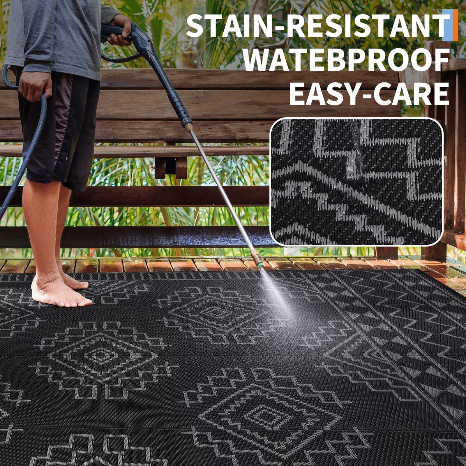 GlowSol 9'x18' Outdoor Rug Boho Geometric Plastic Straw Rug Waterproof Reversible Mat Outdoor Foldable Rug for Camping Patio Picnic, Black Gray