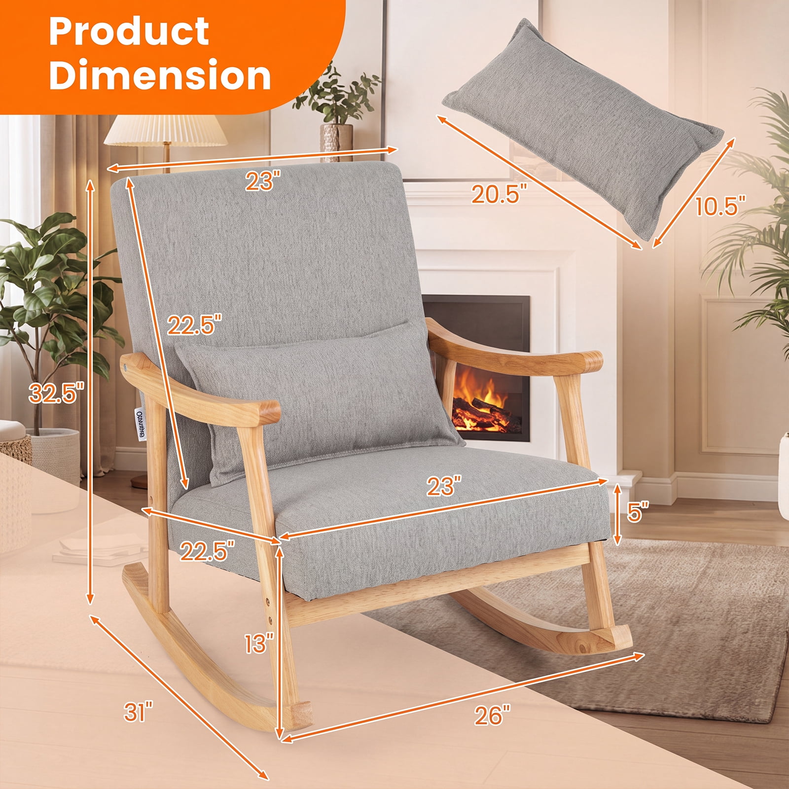 Furnibear Upholstered Rocking Chair with Pillow and Rubber Wood Frame for Living Room Nursery Bedroom Porch Reading Lounge Glider, Gray