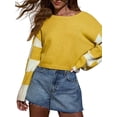 thumbnail image 3 of Womens Casual Checkered Color Block Sweaters Crew Neck Long Sleeve Cropped Knit Pullover Yellow M, 3 of 9