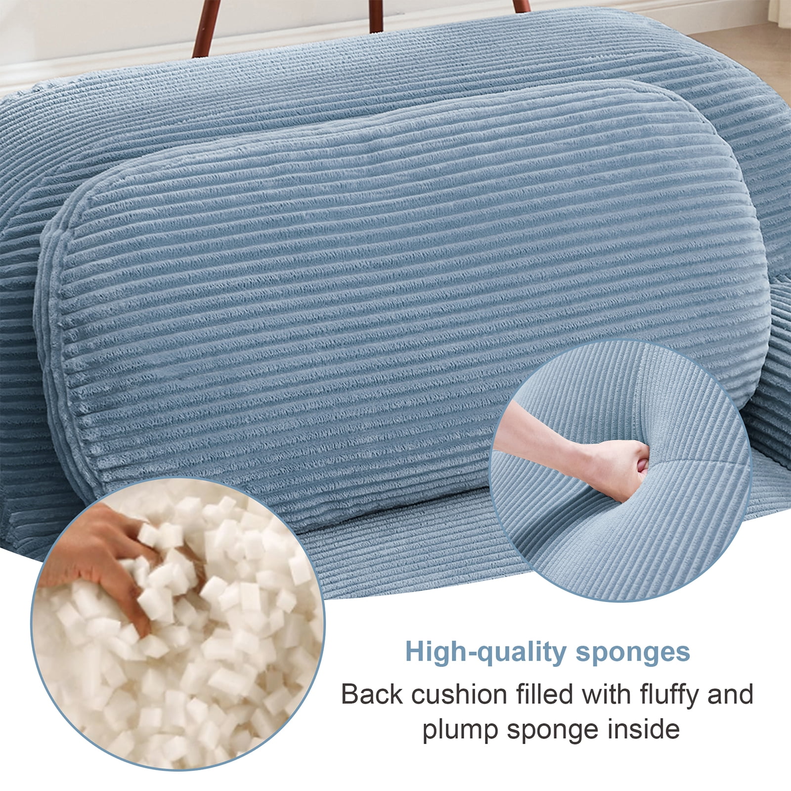 80" Modern Compressed Boneless Love Seat Couches with 1 Ottoman, 2 Seater Large Sectional Couches for Living Room, Blue Corduroy Cloud Modular Sectional Sofa, Memory Foam, Deep Loveseat, No Assembly
