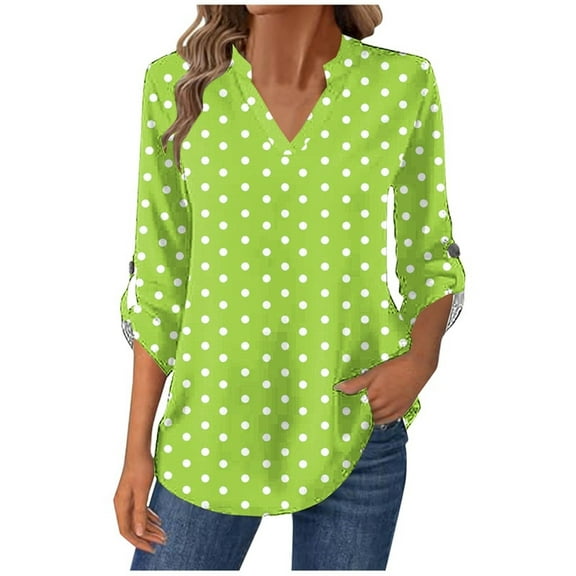 ShiShine Womens Tops 3/4 Sleeve Classy Polka Dot Color Block Shirts V Neck Versatile Blouses