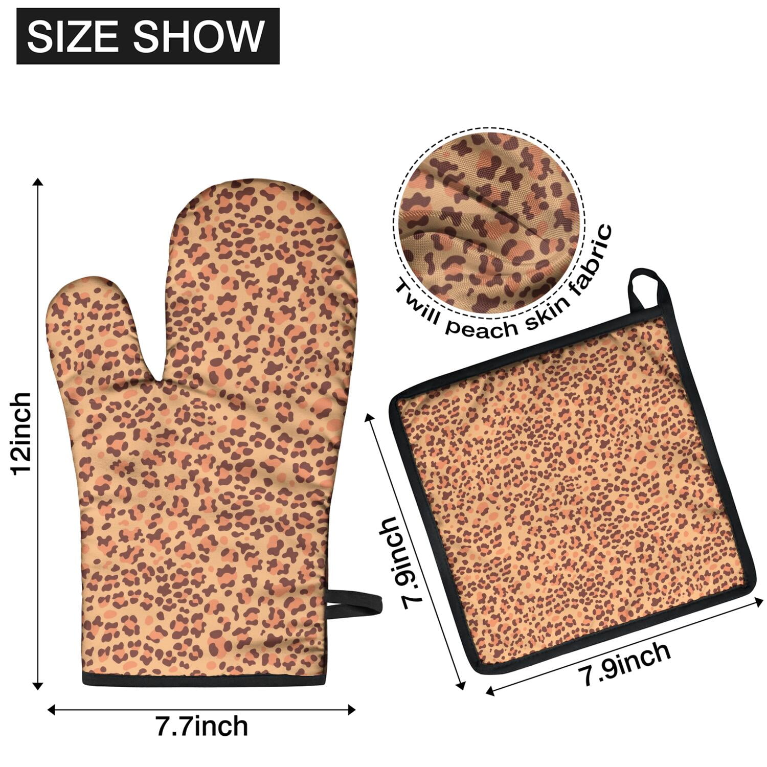 Leopard Print Oven Mitts and Pot Holders Set Of 4, Heat Resistant Kitchen Gloves with Non-Slip Grip, Hanging Loop, Soft Cotton Lining for Baking, Cooking, Grilling, Barbecue