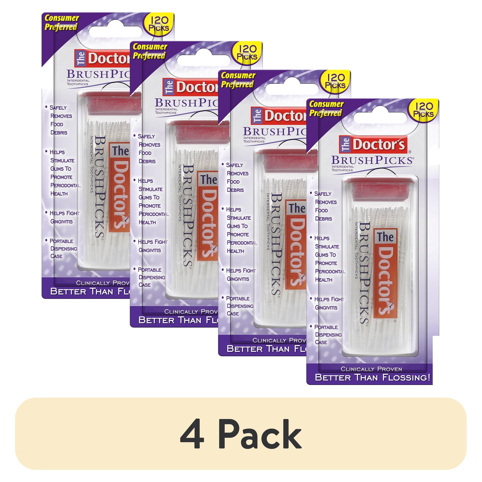 (4 pack) The Doctor’s BrushPicks Interdental Brushes and Dental Pick 2-in-1 120 Toothpicks