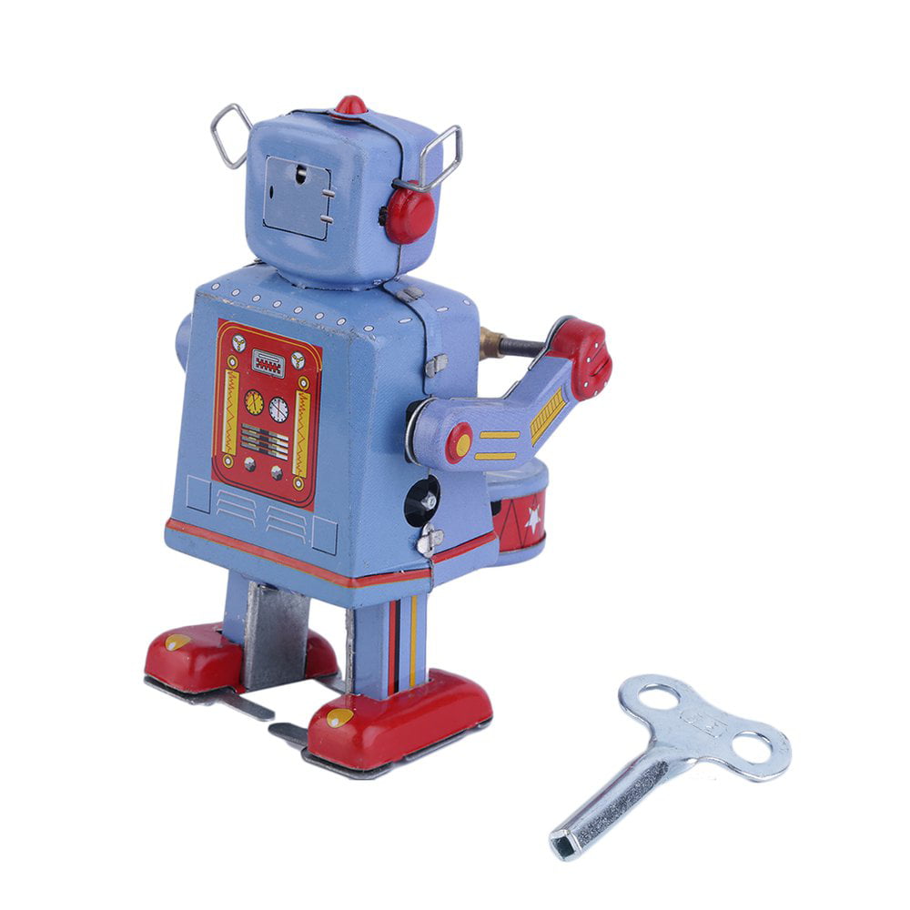 Retro Wind Up Big Robot Metal Tin Toy Collectible Gift with Key Blue 