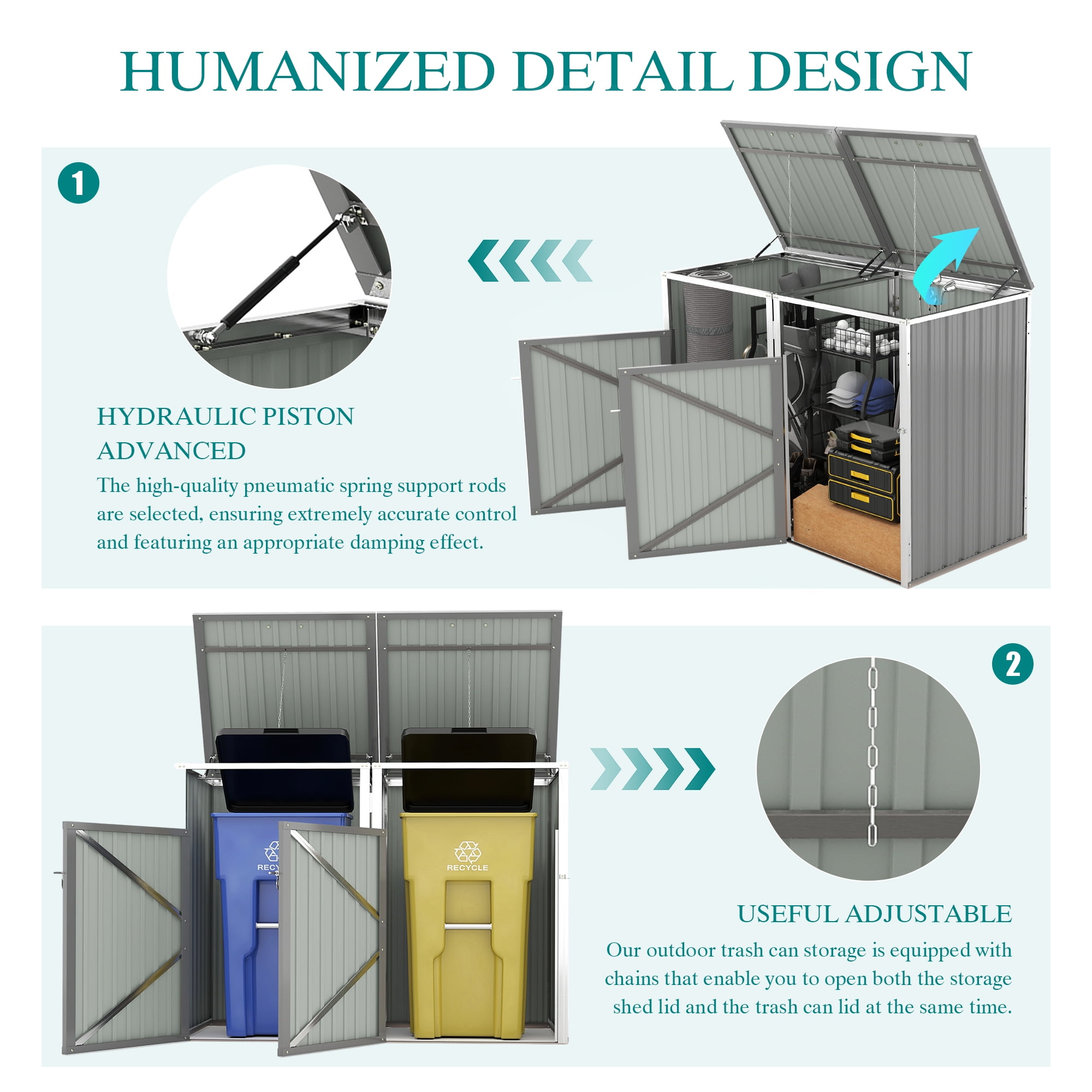 Aukfa 5.3 FT x 4 FT Outdoor Horizontal Garbage Bin Shed for 2 Trash Cans, Metal Trash Can Storage Shed with Lid Lift Chains & Hydraulic Support for Backyard Garden Lawn, Light Gray