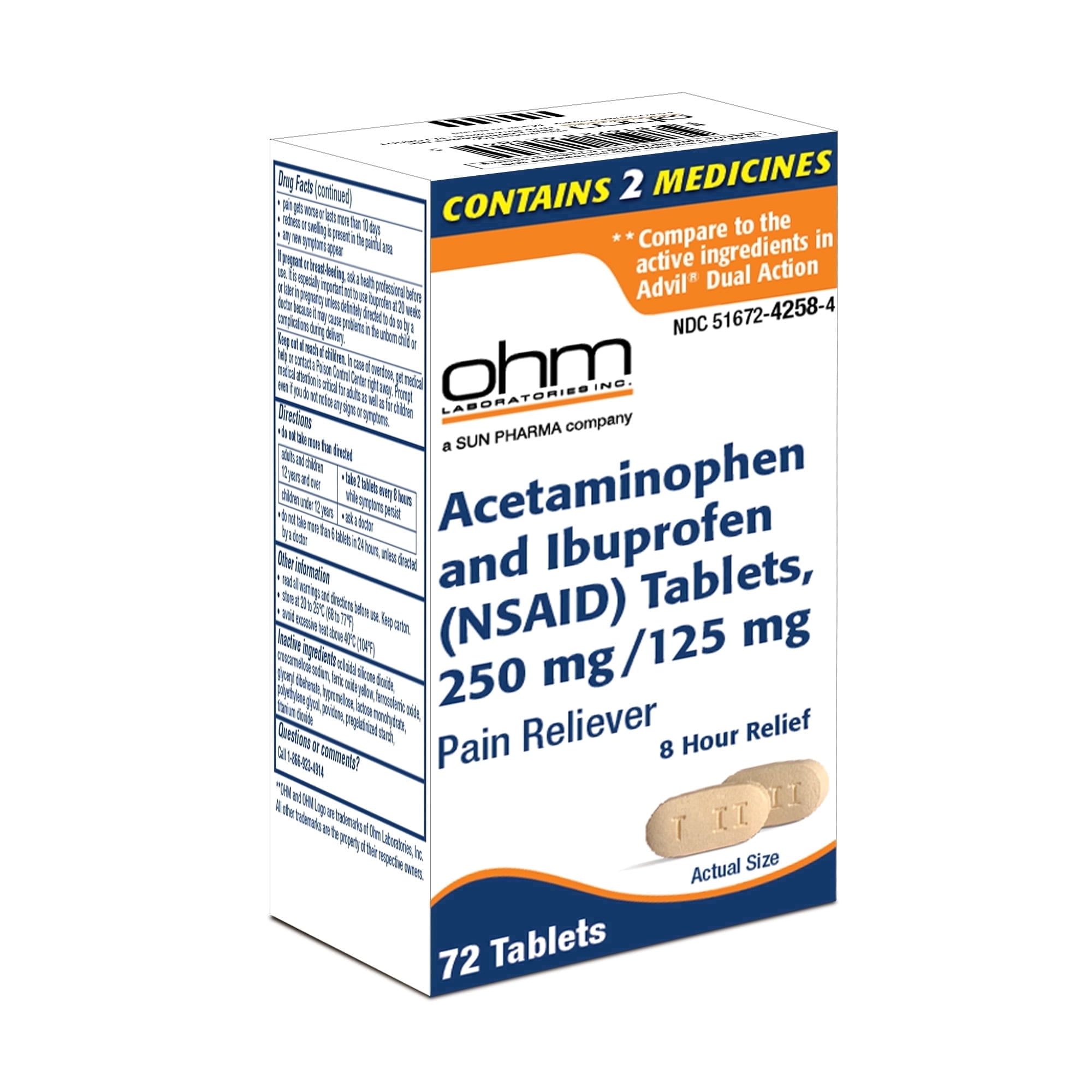 Dual Action Pain Reliever, Acetaminophen 250 mg & Ibuprofen 125 mg (NSAID) Per Dose for 8 Hours of Pain Relief, 72 Count