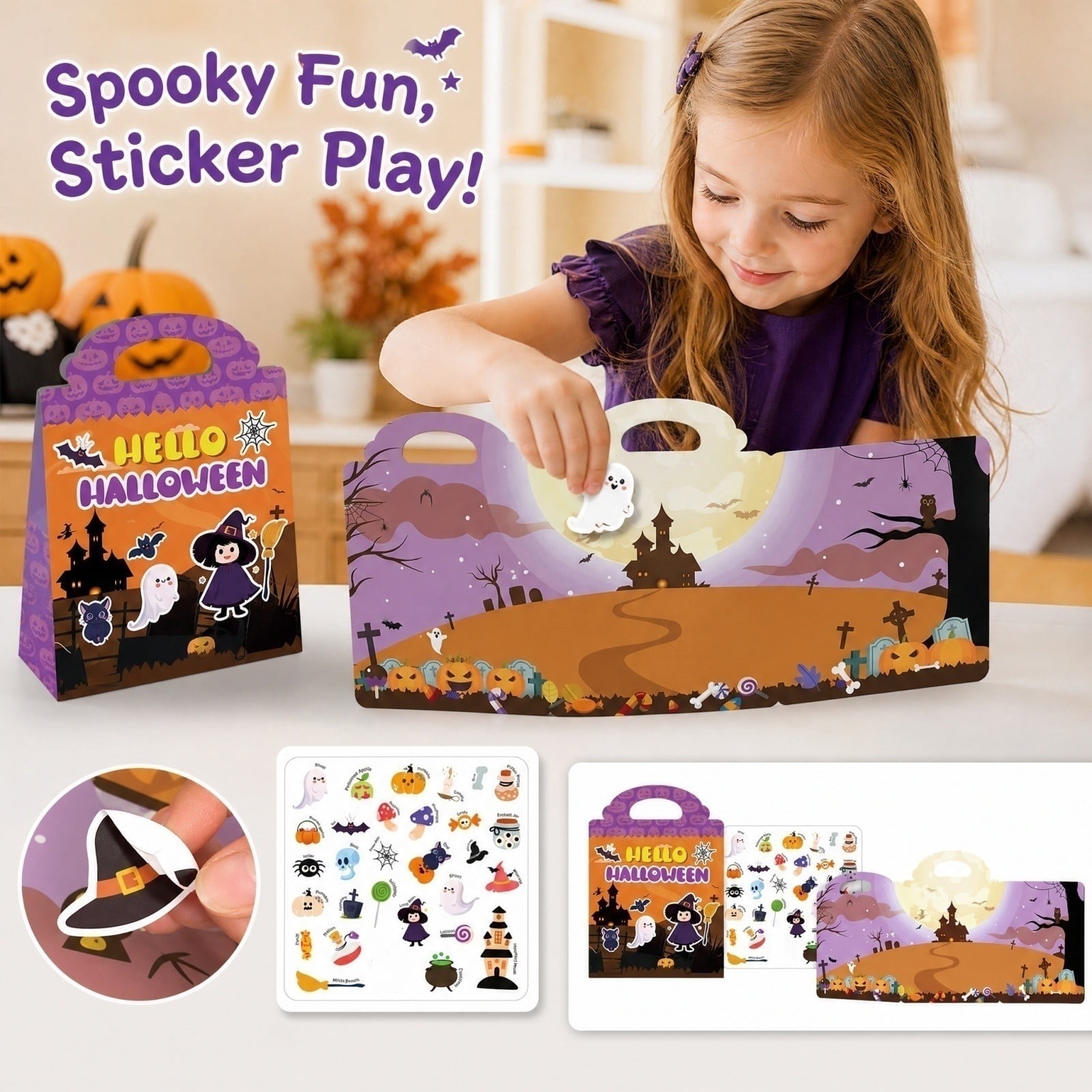 Halloween Jelly Sticker Scene Book with Reusable Puffy 30+ Pieces Purple and Orange for Student and Toddlers Activity Toys