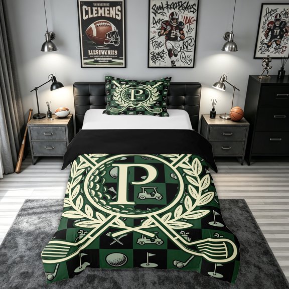 meiyoeat Golf Letter P Twin Duvet Cover for Men Women, Sports Monogram Twin Bedding, Black Reversible, 2-Piece, 1 Duvet Cover and 1 Pillowcase