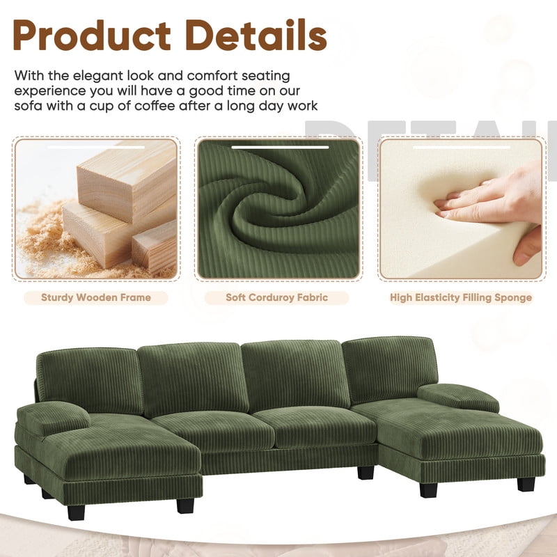 Furmax U Shaped Sectional Sofa Couch with Double Chaise for Apartments,Corduroy Green