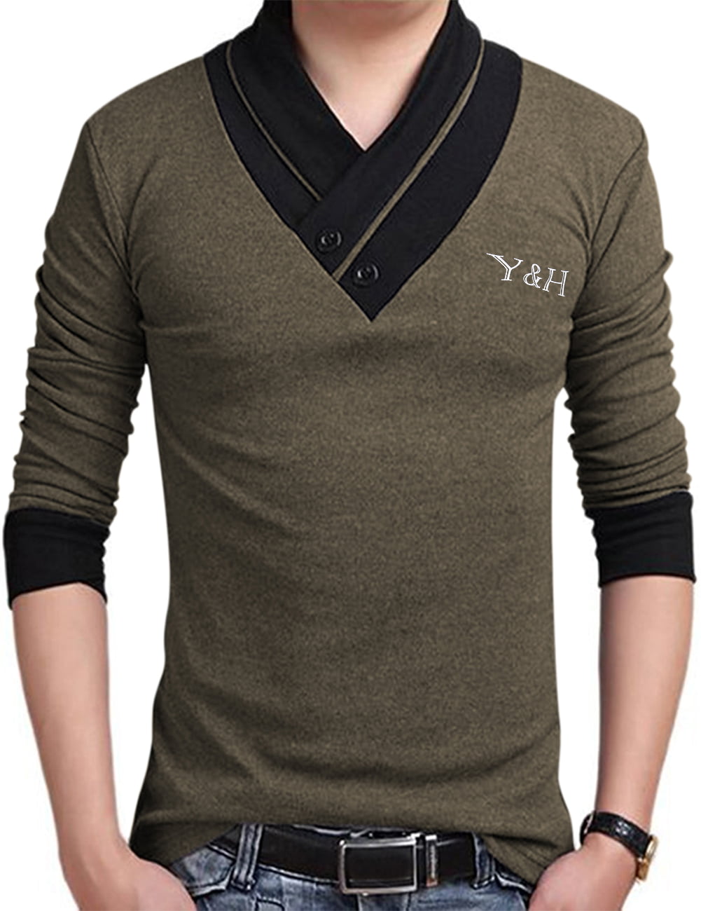 RONSHIN - Yong Horse Men's Slim Fit Button V-Neck Casual Long Sleeve T ...