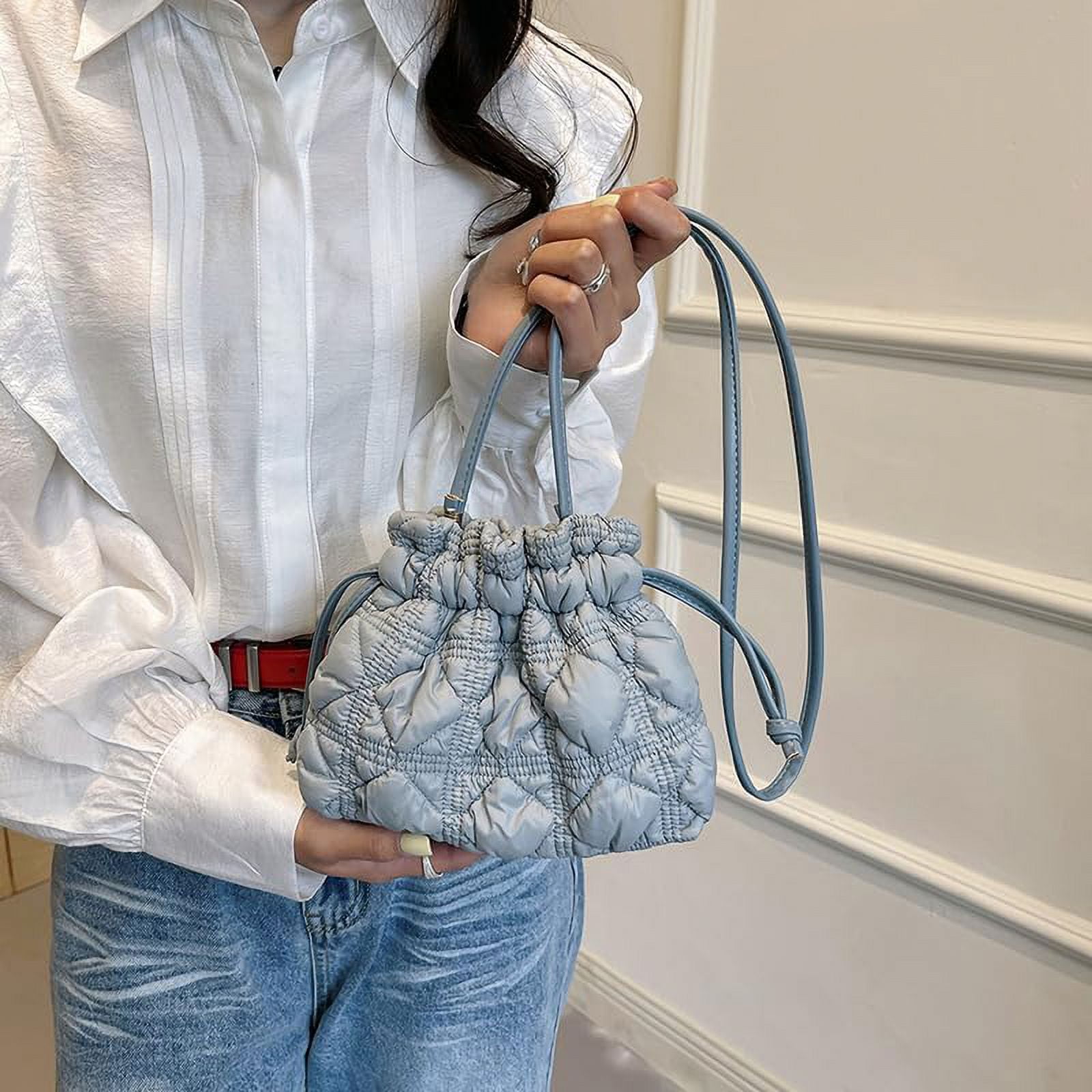 HLSOHJP Quilted Bags Mini Puffer Crossbody Bag Puffy Purse for Women Drawstring Clutch Bag Small Shoulder Purse