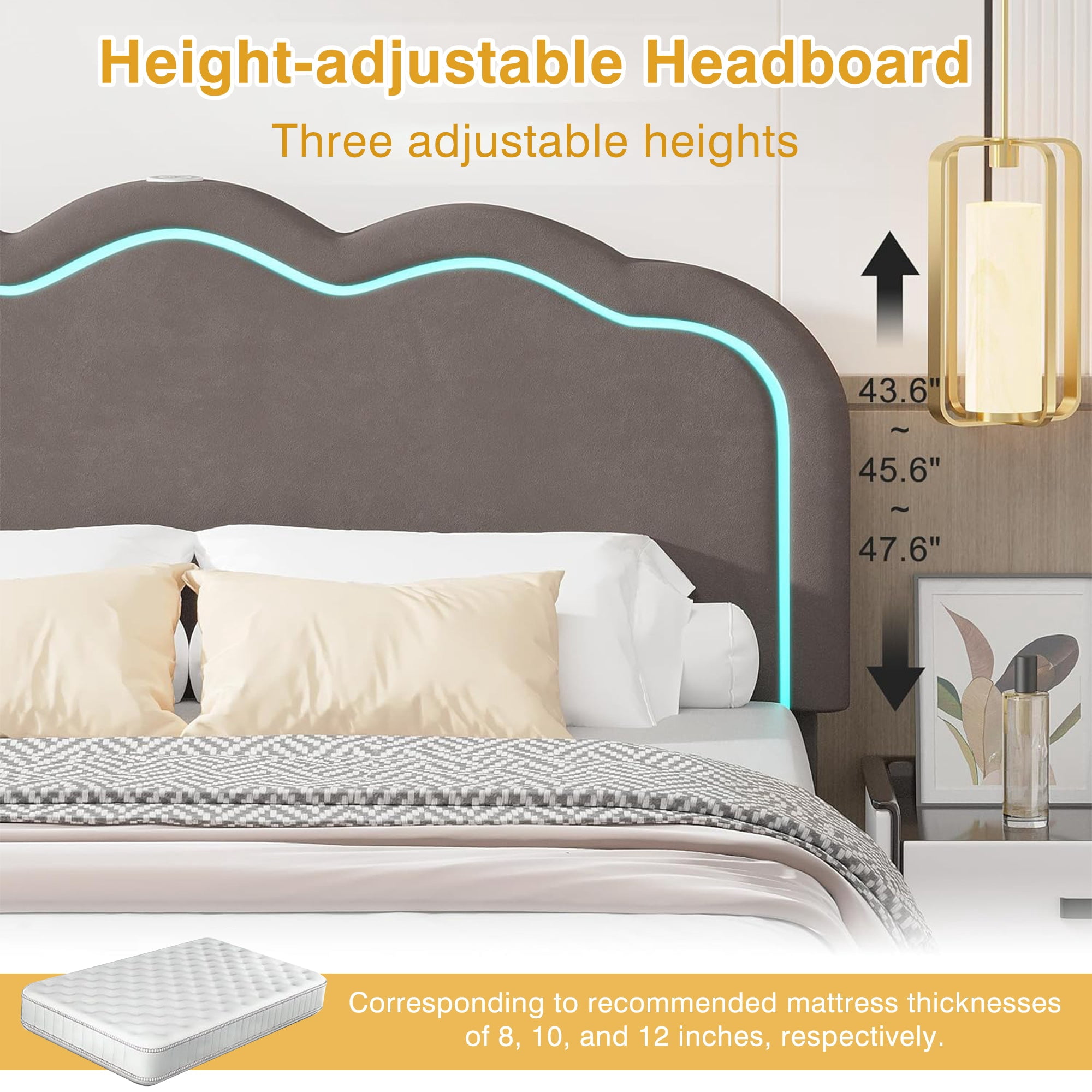 VECELO LED Bed Frame, Full Size Upholstered Platform Bed Frame with Adjustable Charging Station Headboard, No Box Spring Needed, Easy Assembly, Gray