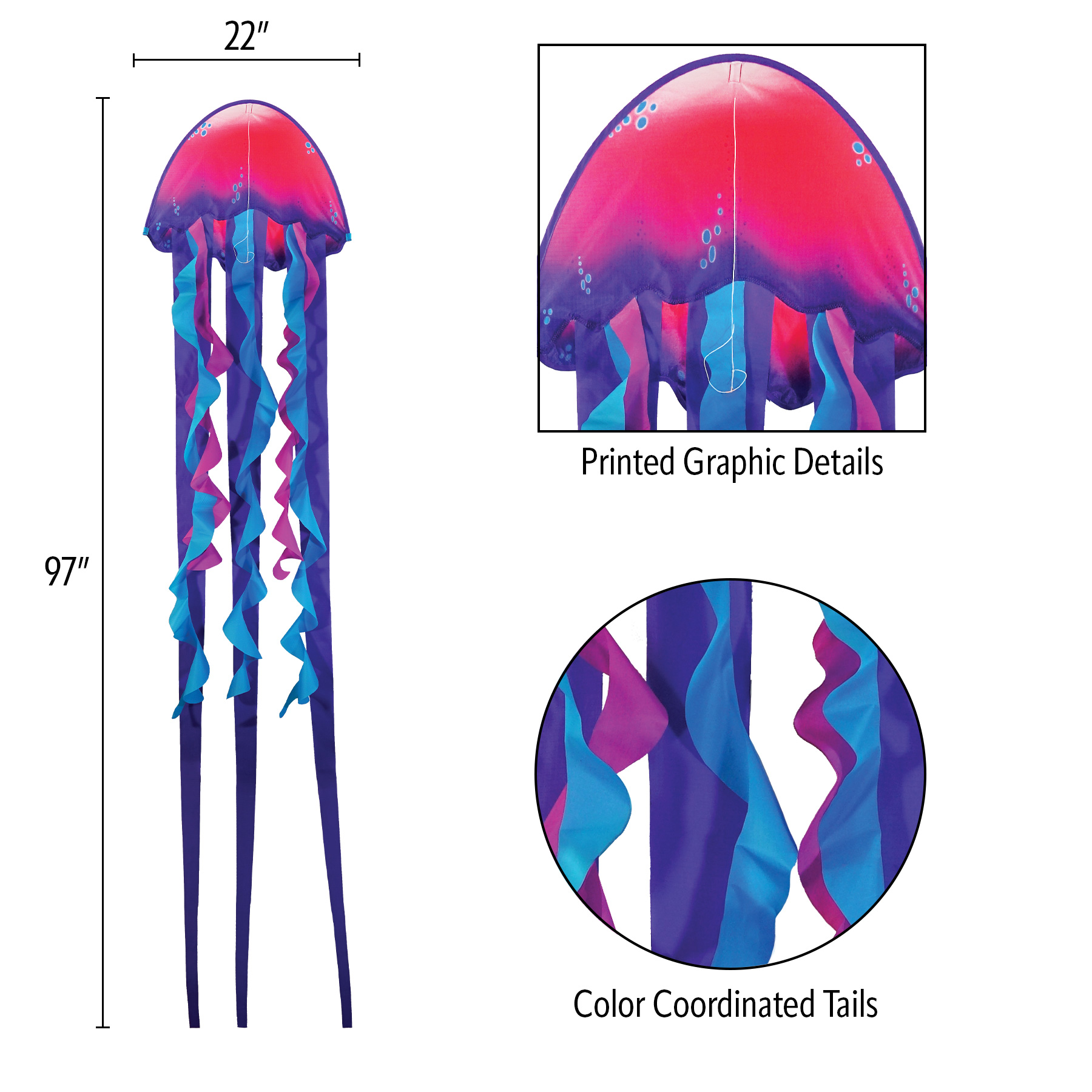 In the Breeze 3348 — 22" Jellyfish Ripstop Fabric Fiberglass Frame Dragon Kite, 8 Tails
