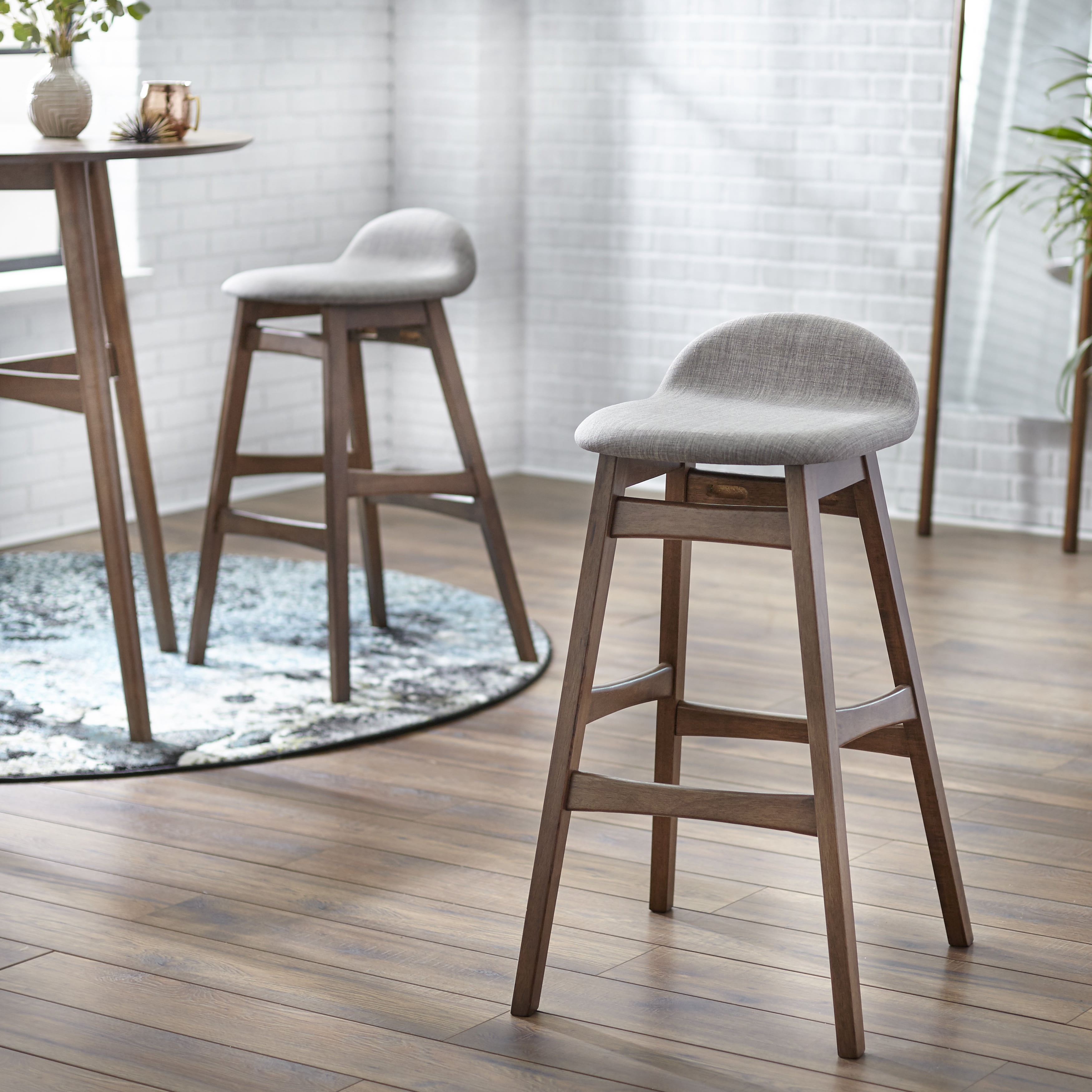Bellamy Studios Remmie 5-Piece Indoor Dining Pub Set, Includes Round Table and Stools, Walnut/Gray Linen