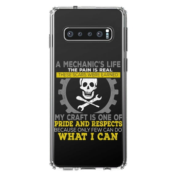 DistinctInk Clear Shockproof Hybrid Case for Samsung Galaxy S10 (6.1" Screen) - TPU Bumper Acrylic Back Tempered Glass Screen Protector - Mechanic's Life Pain Is Real Pride Respect