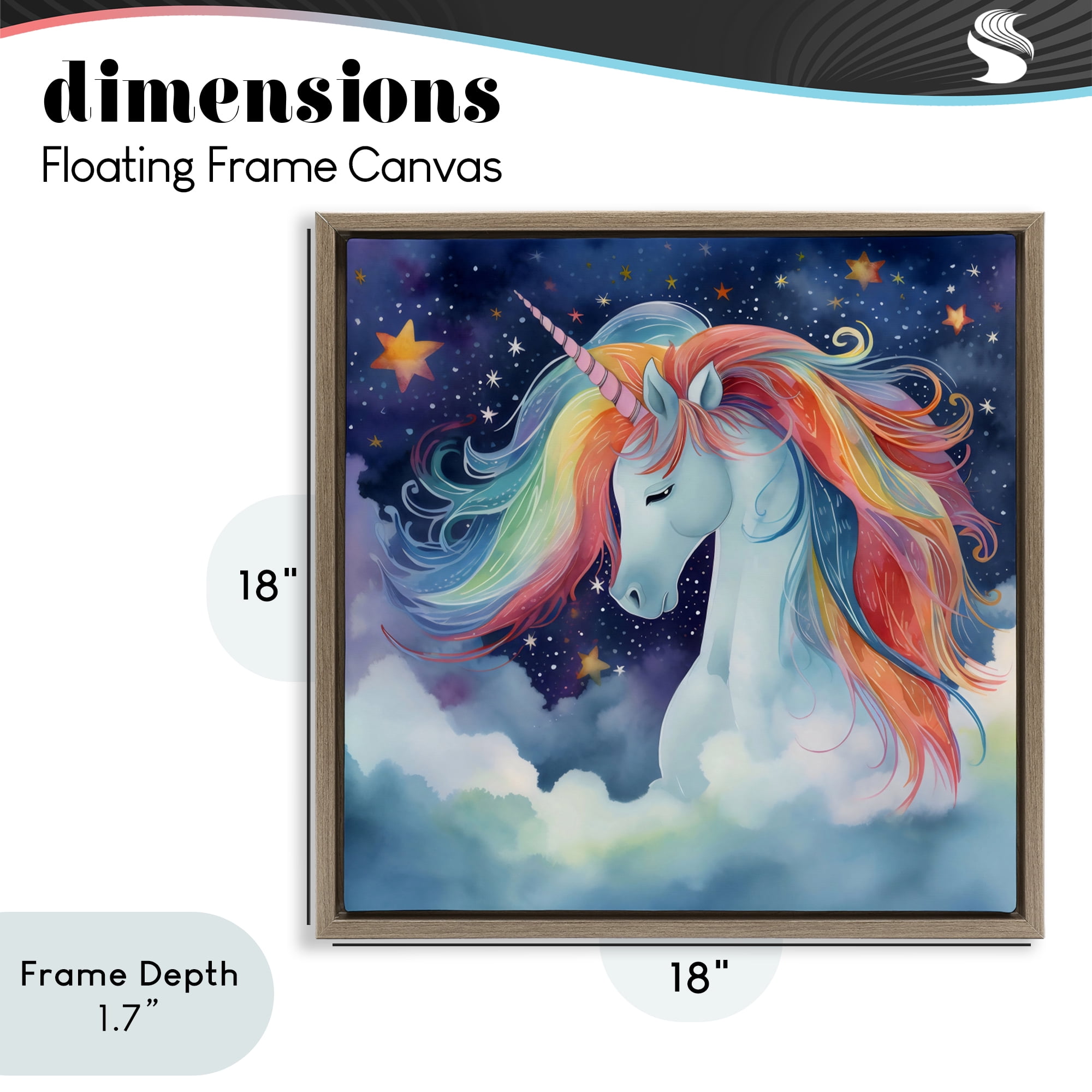 Stupell Industries Rainbow Mane Unicorn in Clouds Brown Framed Floater Canvas Wall Art, design by Creative Studio