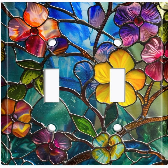 Metal Light Switch Wall Plate Outlet Cover (Printed Image of Colorful Stained Glass Flowers - Double Toggle)