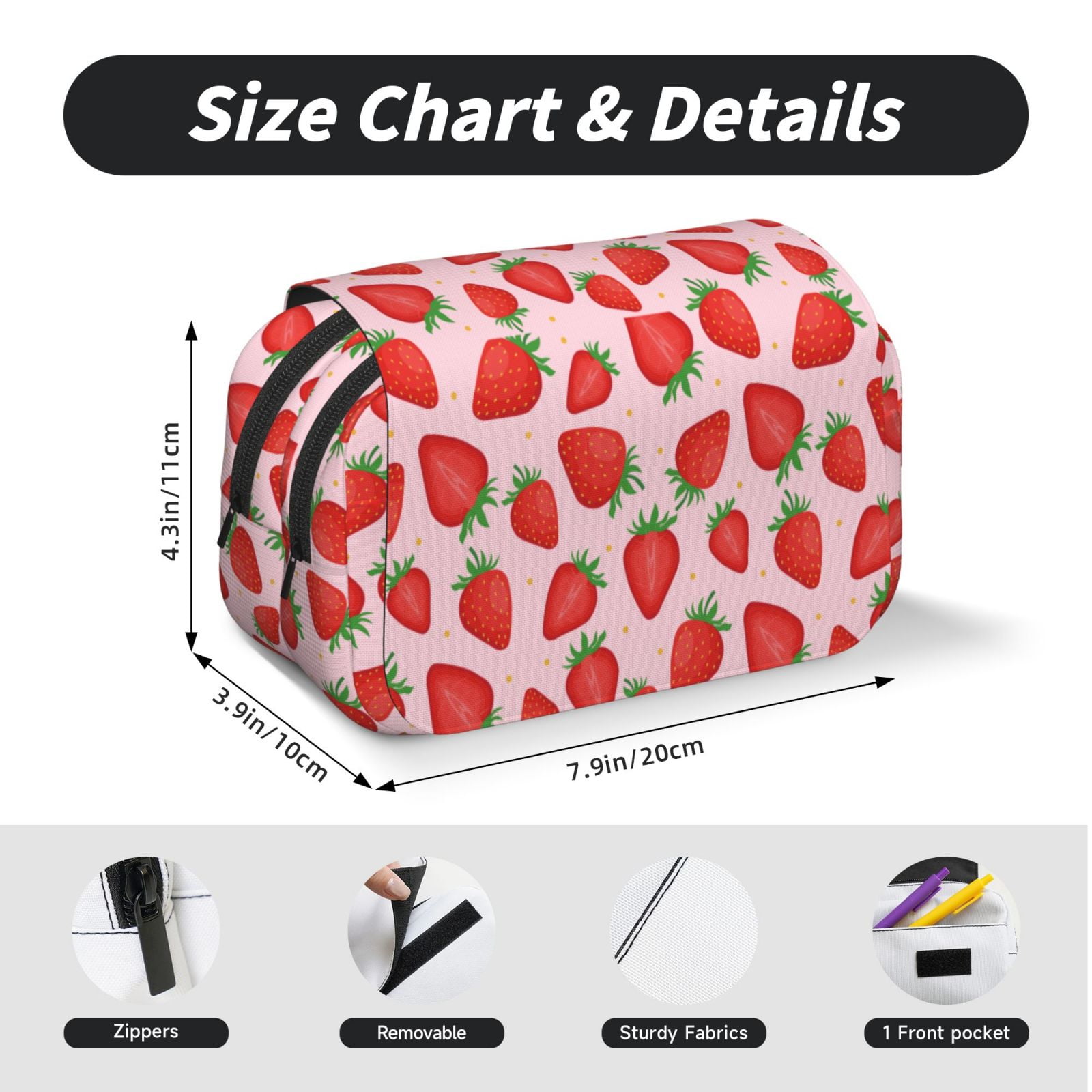 Rateoe Strawberries Pattern Double Clamshell Pen Case, Storage Organizer with Two Zipper Compartments– Holds Up to 50 Pencils & Pens