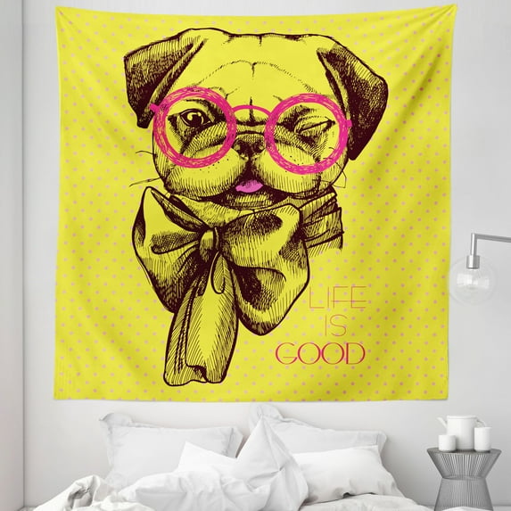 Pug Tapestry, Intellectual Dog with Glassesd a Wink Life is Inscribed on the Background, Fabric Wall Hanging Decor for Bedroom Living Room Dorm, 5 Sizes, Yellow Pink, by Ambesonne