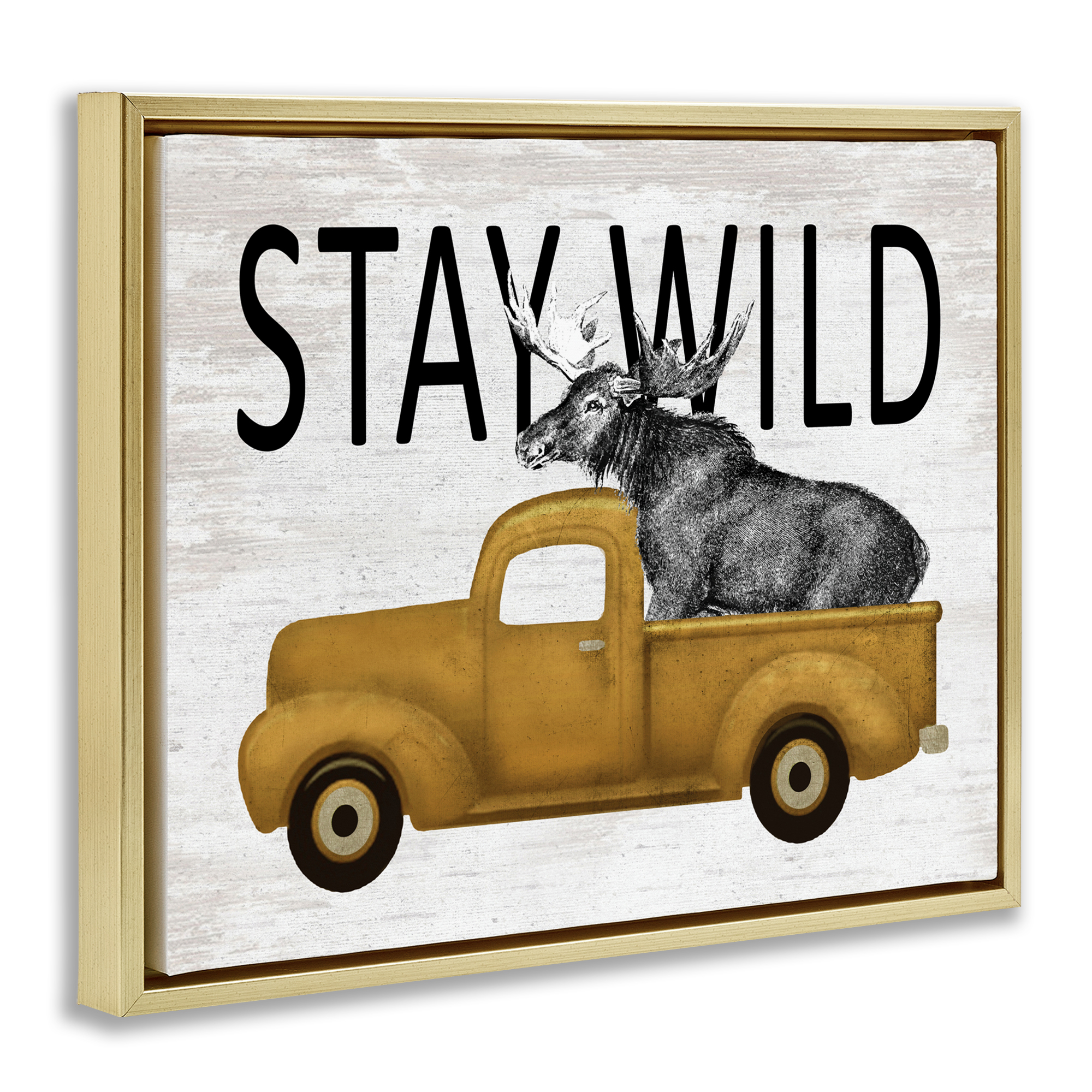Stay Wild Moose Truck Gold Framed Floater Canvas Wall Art, design by Lettered and Lined
