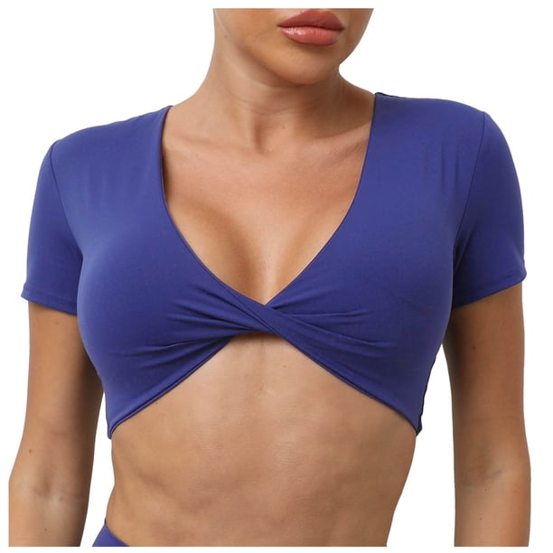 Camiseta deportiva ajustada de manga corta y cuello en V para yoga para mujer - Ropa deportiva de alta resistencia con soporte acolchado, tallas reales (S-L)