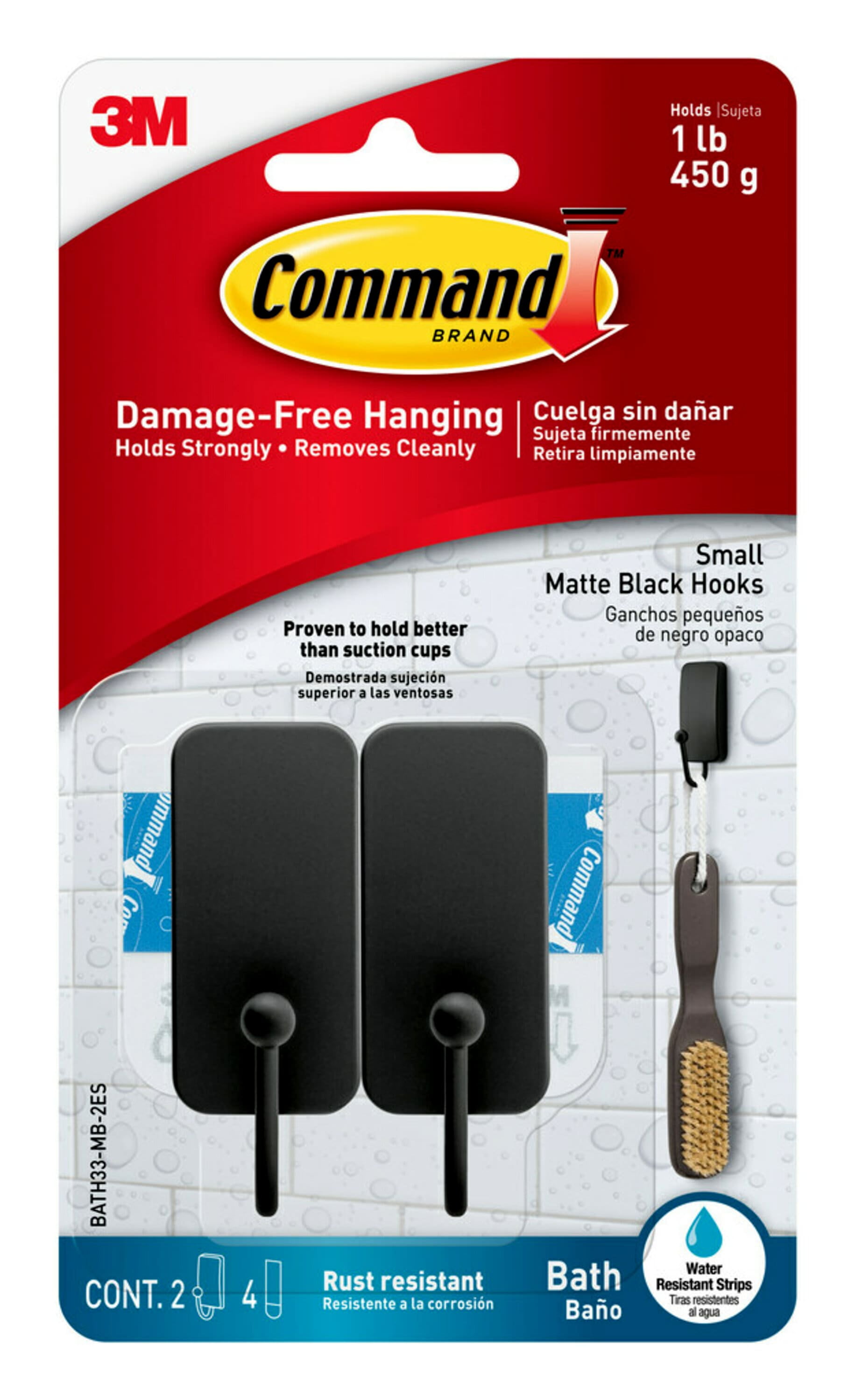 Command Bath Hook, Small, Matte Black, 2 Hooks 4 Strips per Pack
