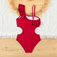 thumbnail image 4 of GYRATEDREAM Girls One Piece Swimsuit One Shoulder Ruffle Trim Cut Out Bathing Suit Kids Solid Color Monokini Swimwear Red for 5-14Y, 4 of 8