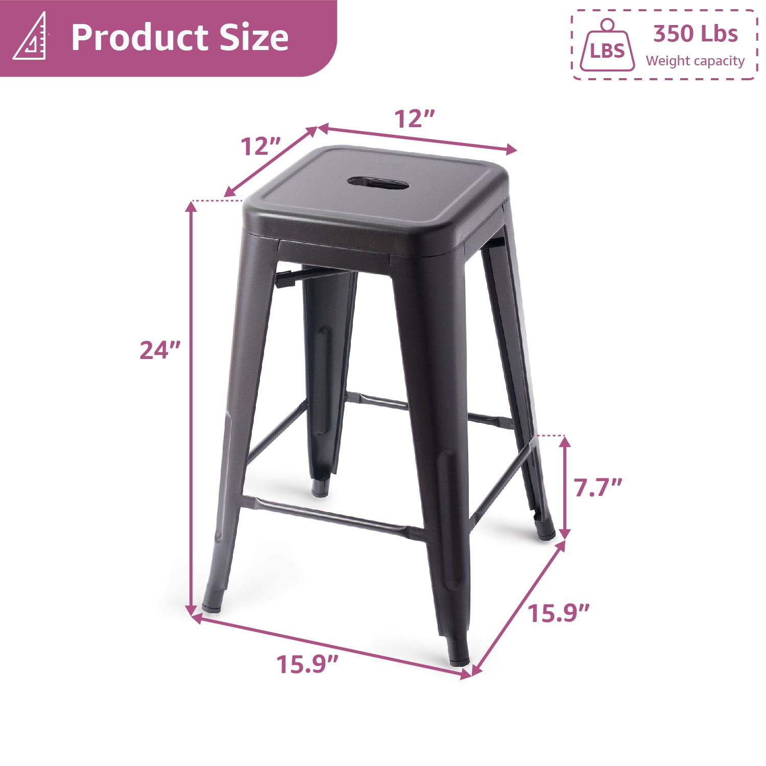 VOLIX 24inches Black Stackable Metal Bar Stool Backless Indoor-Outdoor Counter Stools Set of 4