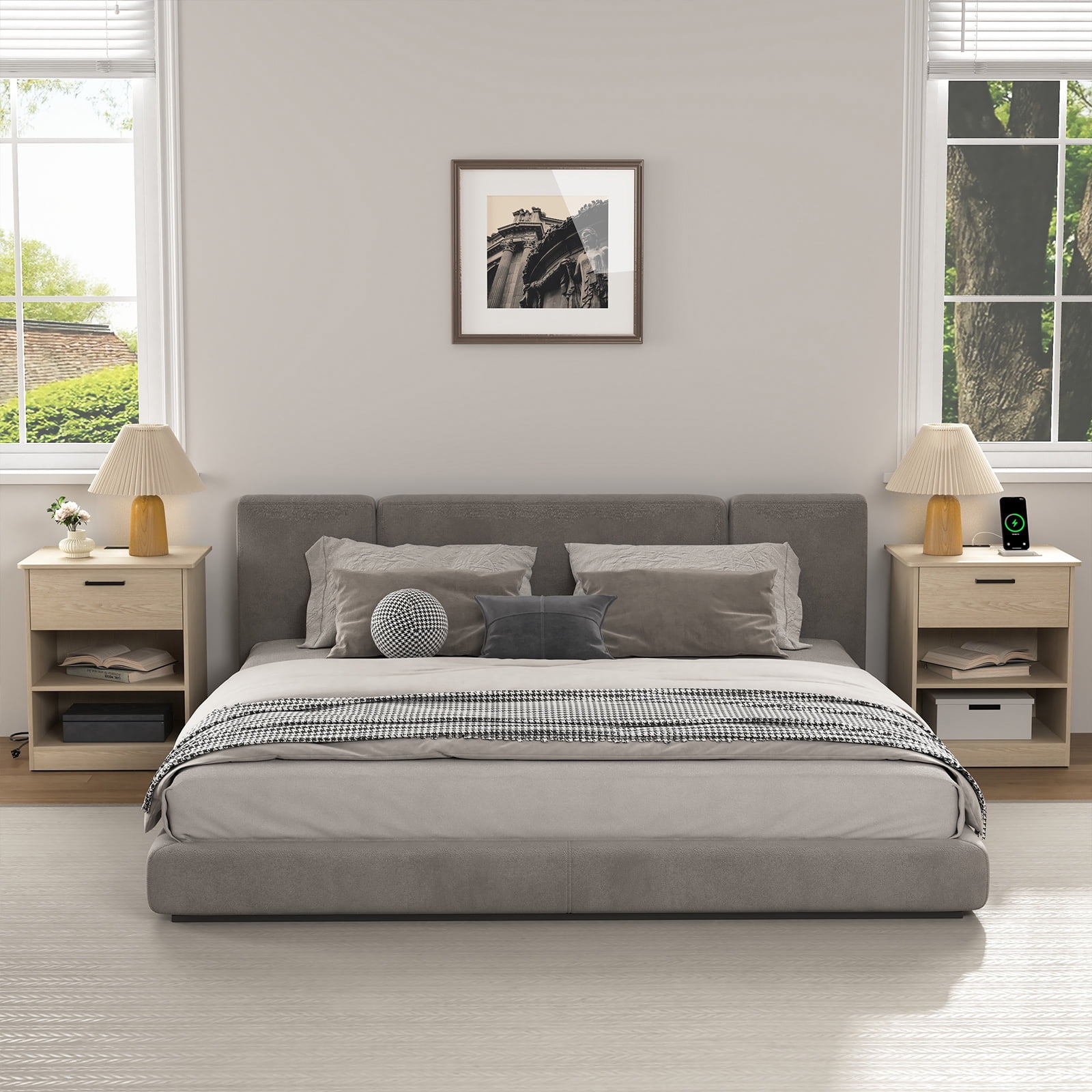 Hommoo Modern Nightstand with Charging Station, End Side Table Bedside Table with Drawer and Open Storage, Natrual