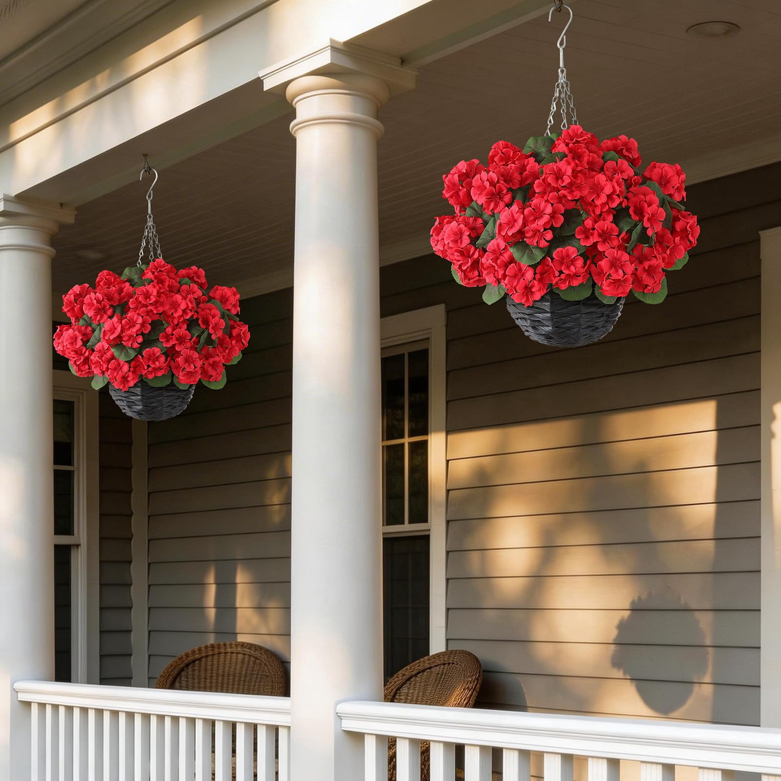 2 Set Artificial Geraniums Flowers with Hanging Baskets for Outdoors - Sun Resistant Silk with Geranium Flowers, Fake Hanging Planters for Front Porch Garden Patio Home Decor (Red)