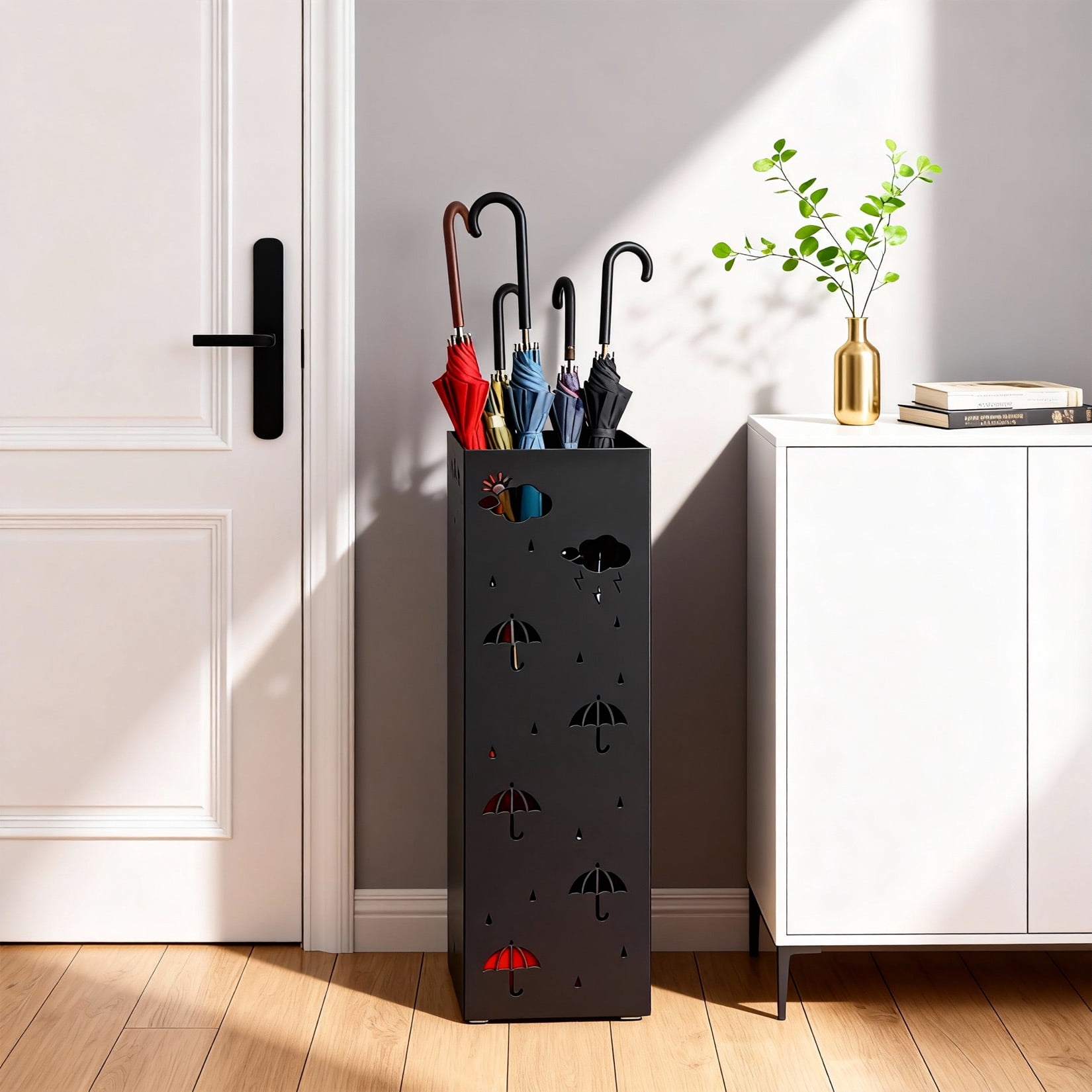 Garvee Metal Umbrella Stand for Entryway, Square Umbrella Holder with Removable Drip Tray and 4 Hooks, Heavy Duty Steel Umbrella Rack for Office, Home and Gift Wrap Tubes