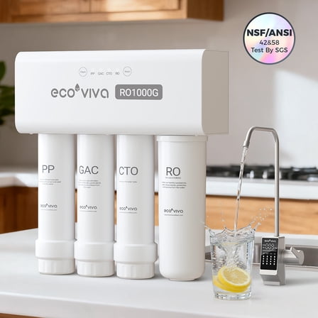 Ecoviva ER1000 Under-Sink RO System, 8-Stage Filtration, 3:1 Pure-to-Drain Filter, LED Smart Faucet, White