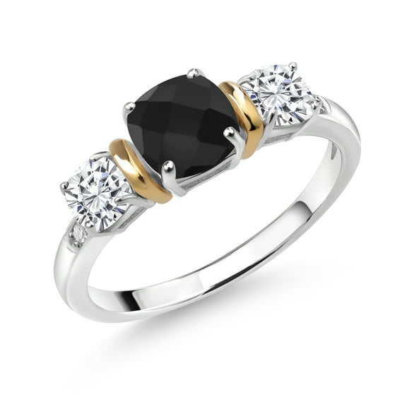 Gem Stone King 1.58 Cttw Black Onyx White Moissanite and White Diamond 3-Stone Women Ring | 925 Sterling Silver and 10K Yellow Gold | Gemstone Birthstone | Available in Size 5, 6, 7, 8, 9 | Size 8