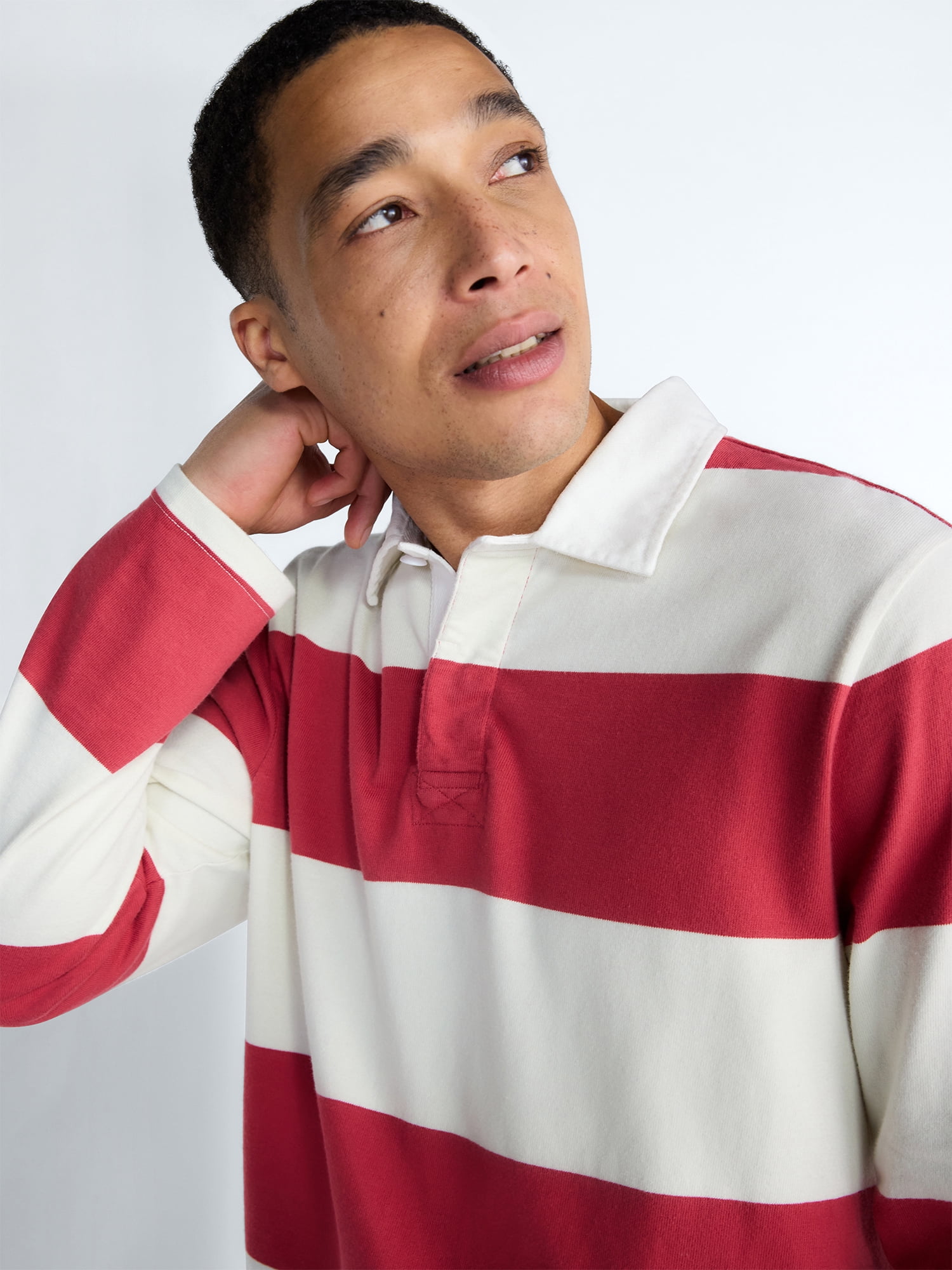 Free Assembly Men's Striped Cotton Rugby Shirt with Long Sleeves, Sizes S-3XL