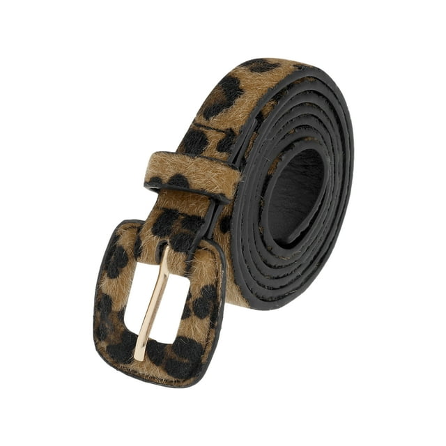 CINTURONES RETRO IMPRESOS DE LEOPARDO PARA MUJERES INSPIRE CHIC, Cinturón de cuero sintético de 0.7" de ancho para pantalones vaqueros y vestidos 44.9x0.7" (LxA) Negro Marrón