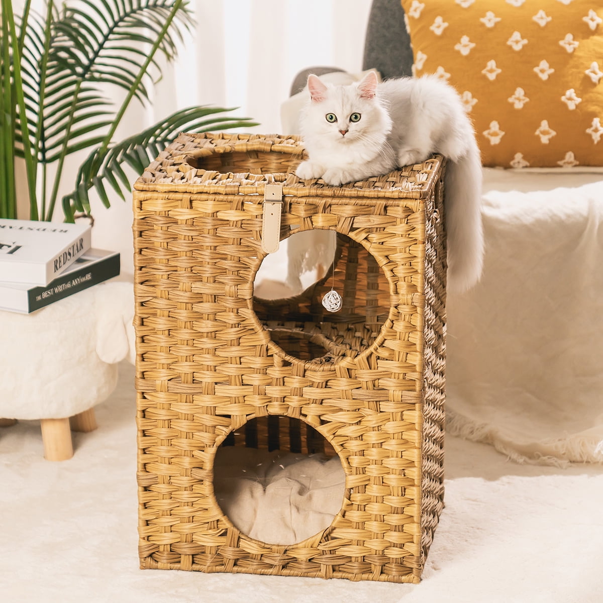 Canddidliike Large Wicker Cat Bed Brown Stackable Condo with Rattan Ball and Mat Canddidliike Large Wicker Cat Bed Brown Stackable Condo with Rattan Ball and Mat