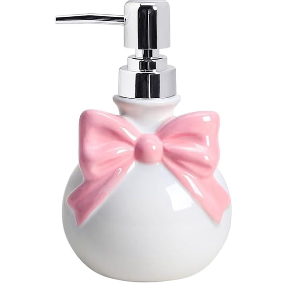 Tutuviw Bow Decor Ceramic Pump Bottle,12Oz/350ML Refillable Dispenser,Rust-Proof Pump Ceramic Soap Bottle,Decorative Hand Soap Dispenser for LotionShampoo/Hand Soap/Dish Soap (Elegant Pink)